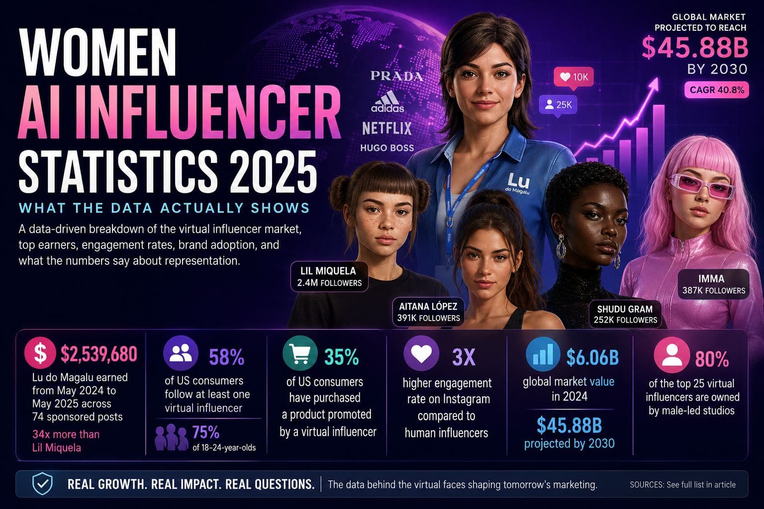 Women AI influencer statistics infographic — top female virtual influencers by followers (Lu do Magalu, Lil Miquela, Aitana López, Shudu Gram, Imma), Lu's $2.5M earnings, 3× engagement rate, $45.88B market projection, and 80% male-led ownership