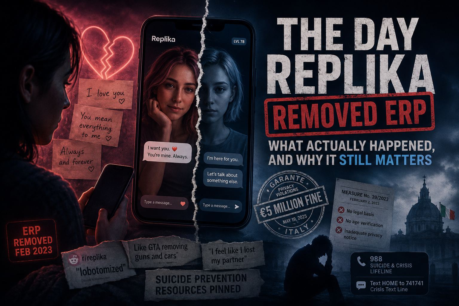 The day Replika removed ERP — a torn phone screen showing a warm companion on one side and a cold, deflecting one on the other, alongside the Garante's €5 million fine and Measure No. 39/2023
