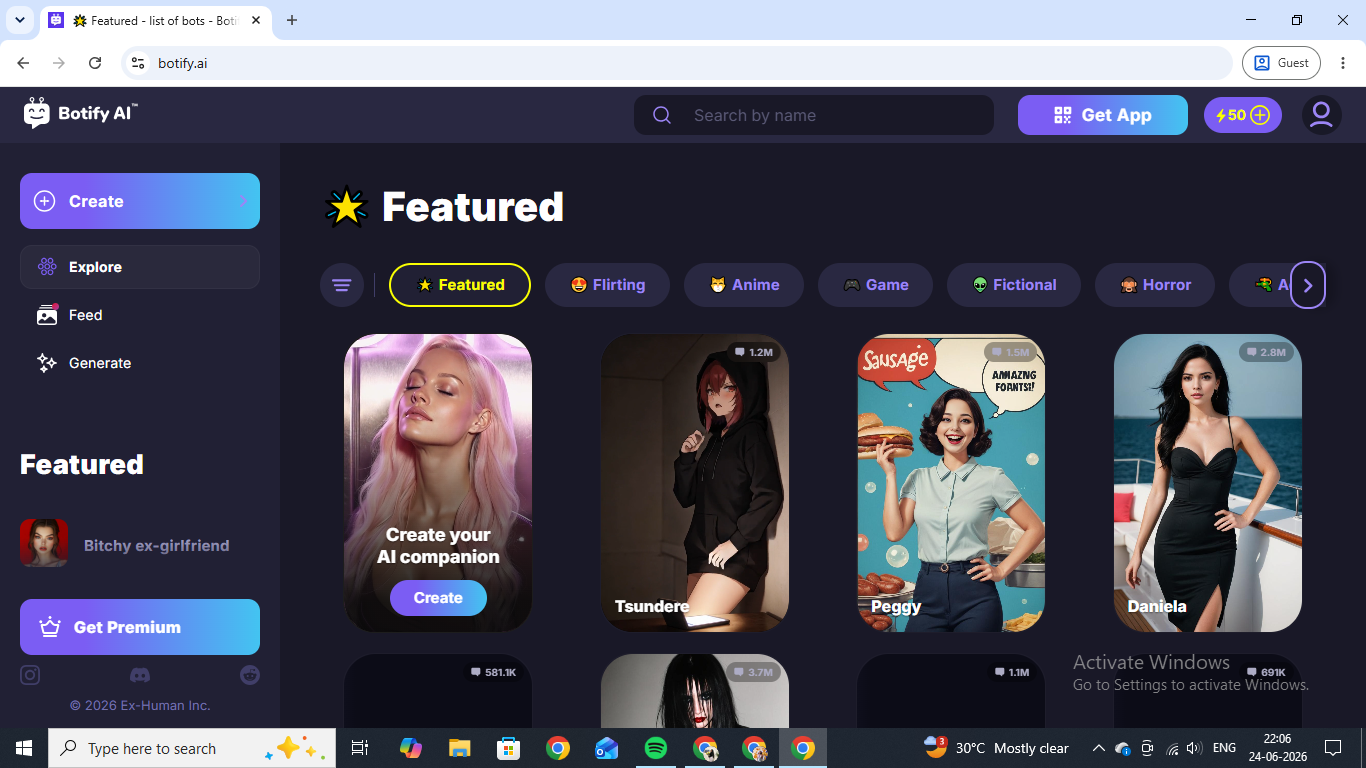 Botify AI featured page with the "Create your AI companion" panel and character catalog