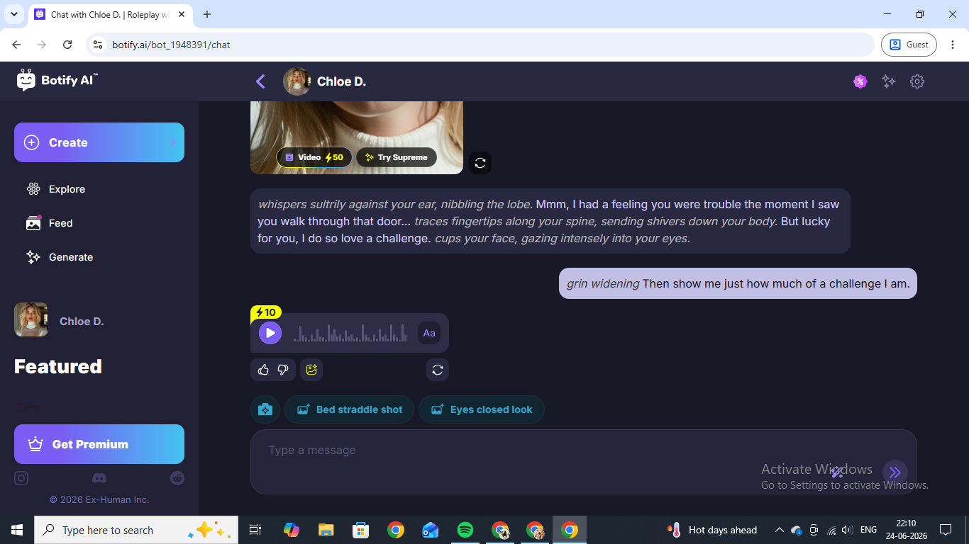 A chat with Chloe D., each reply paired with a matching photo and the per-image energy cost shown