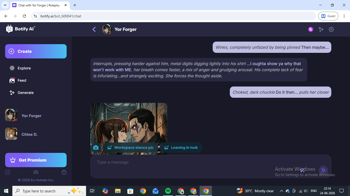 A chat with Yor Forger, the cybernetic soldier character, with a matching generated scene