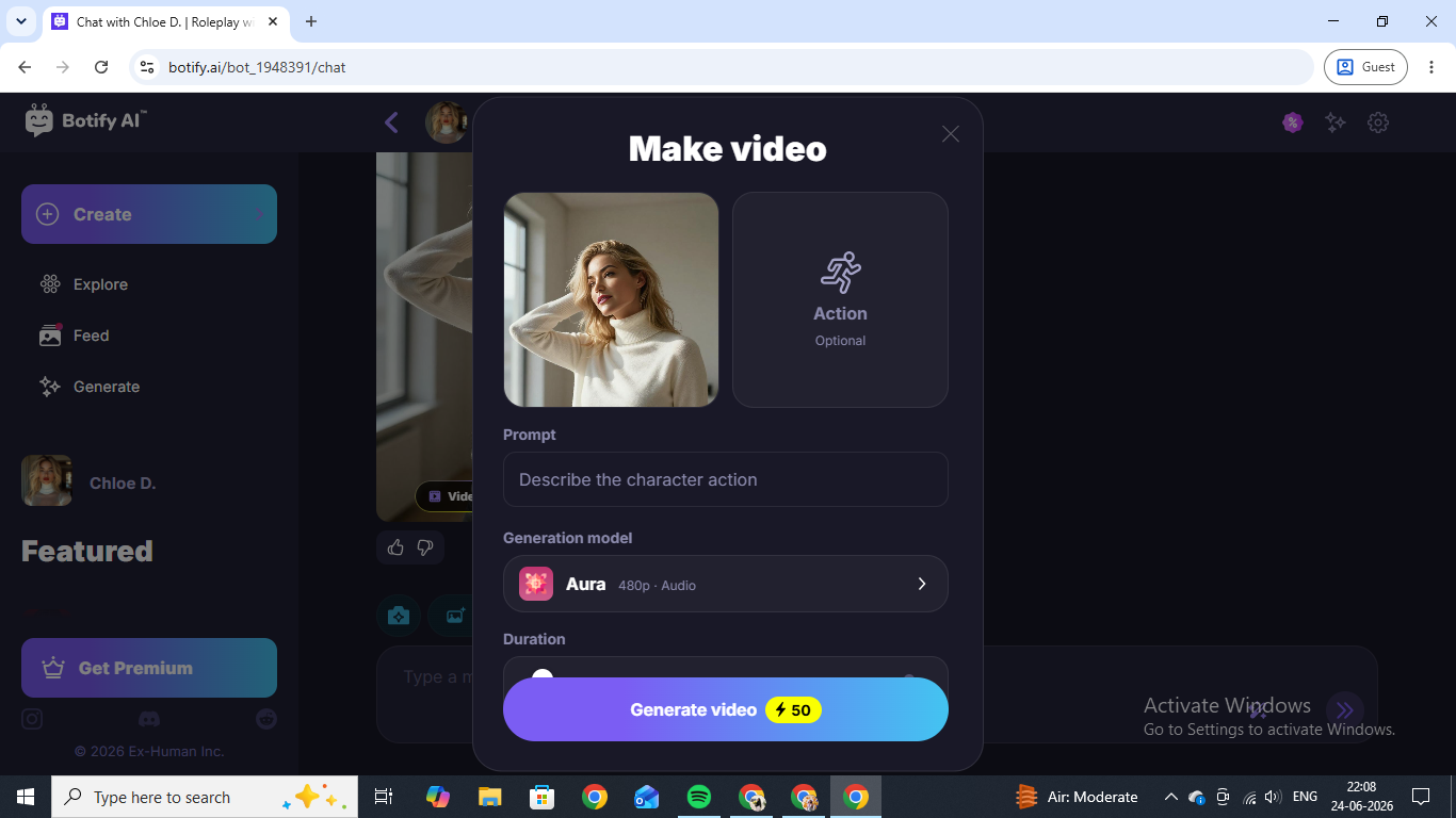 Botify AI's "Make video" tool, showing the Aura model at 480p and the 50-energy cost per clip