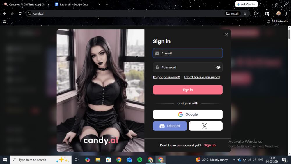 The Candy AI sign-in screen. Four login options, no friction.