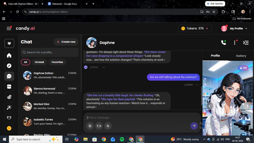 Daphne's chat interface. Anime art style, lab setting in the profile panel. A clearly different visual from Isabella.