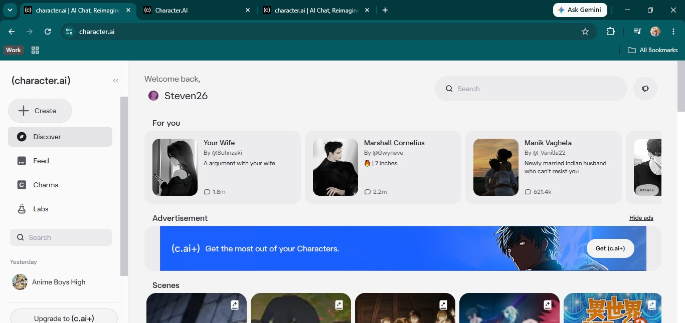 Character.AI's Discover home, with the For You row, an ad banner, and the Scenes grid