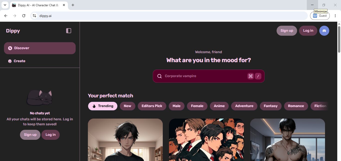 Dippy AI Discover page with the character catalog and chat sidebar
