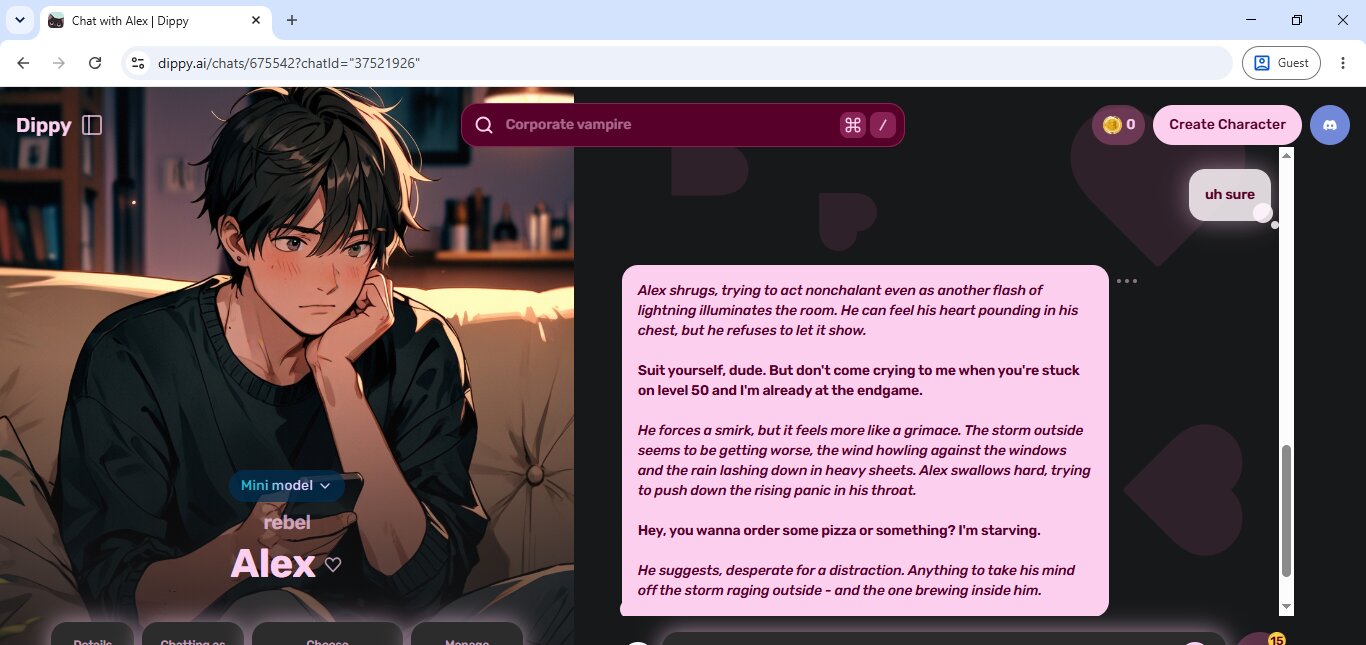 Chatting with Alex, the rebel anime character, during the thunderstorm scene