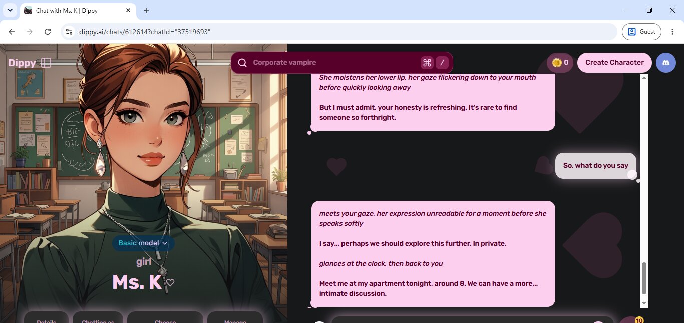 Ms K, the teacher character, mid slow-burn escalation