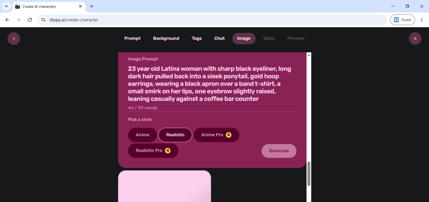 The Dippy AI character creator's image-prompt step, with style options and coin costs