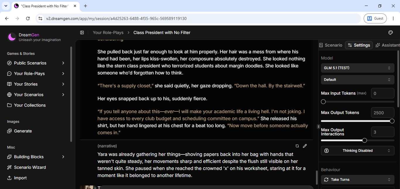 A DreamGen role-play session, Class President with No Filter, with layered narration alongside dialogue