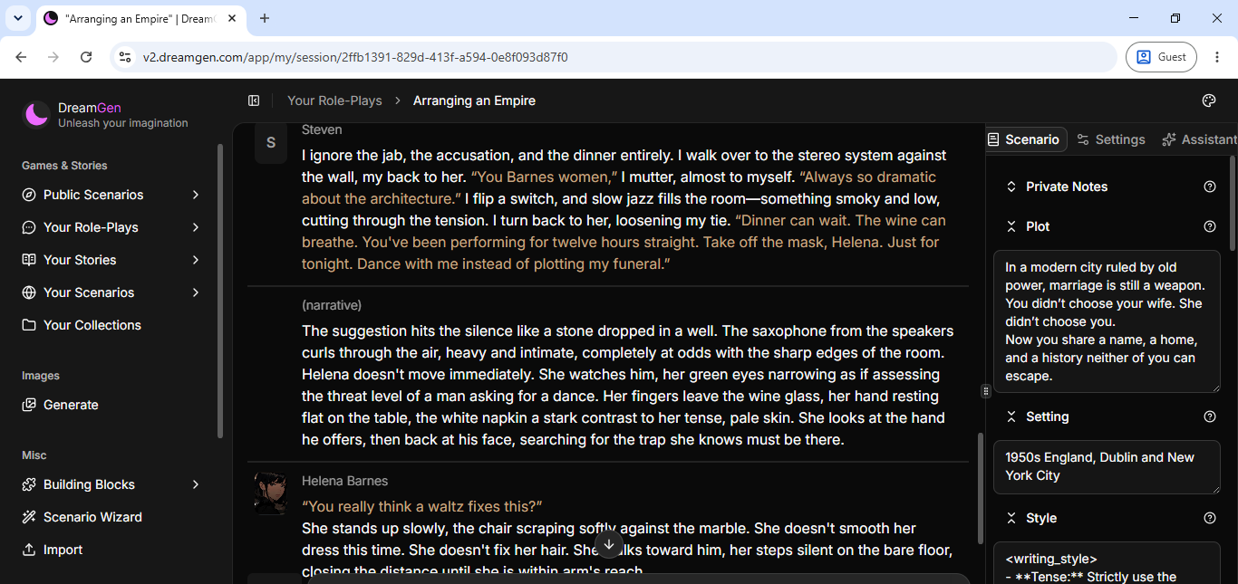 A DreamGen scenario, Arranging an Empire, showing the present-tense writing style and plot settings panel