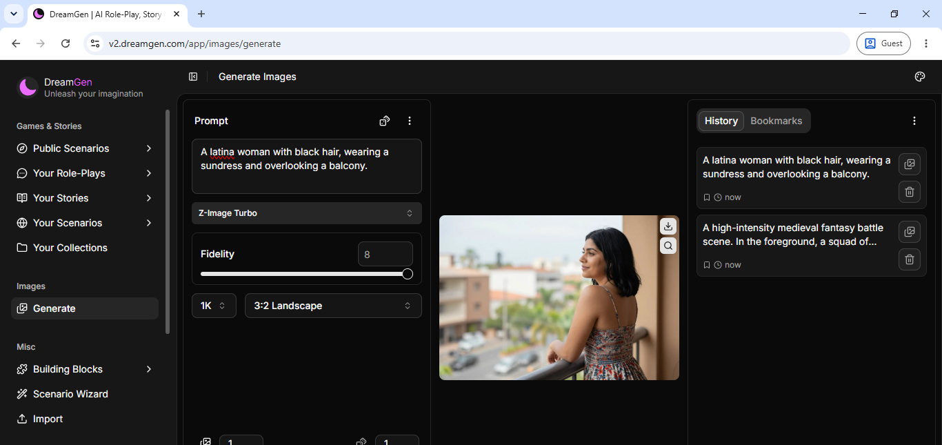 DreamGen's standalone image generator producing a balcony portrait with the Z-Image Turbo model