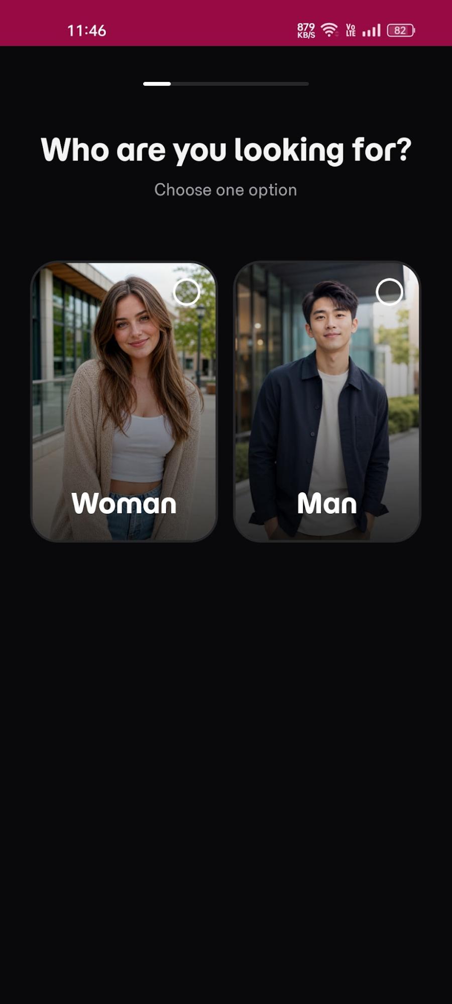 Eternal AI onboarding — Who are you looking for, Woman or Man