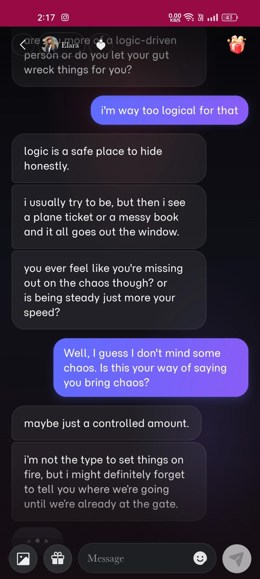 Elara holding a personality back-and-forth on Eternal AI