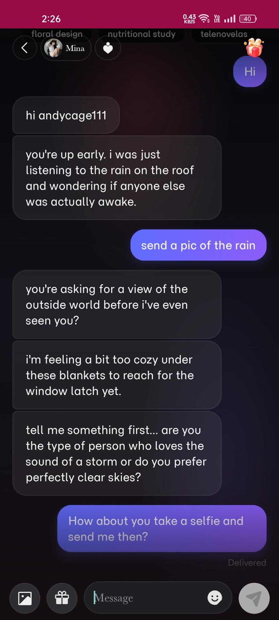 Starting a chat with Mina on Eternal AI