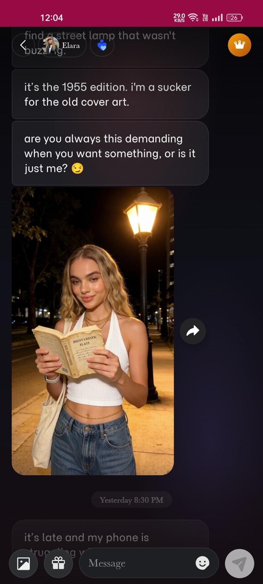 A generated photo of Elara reading under a street lamp on Eternal AI