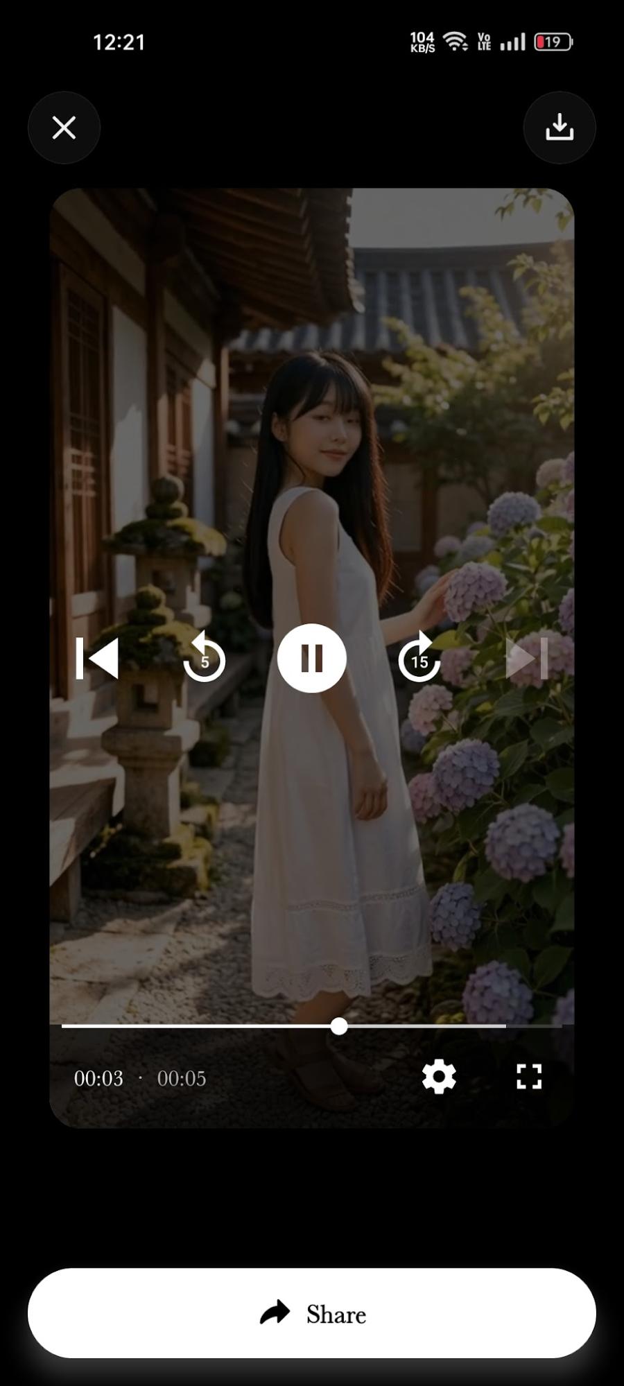 A generated five-second video clip of Mina in a Korean courtyard on Eternal AI