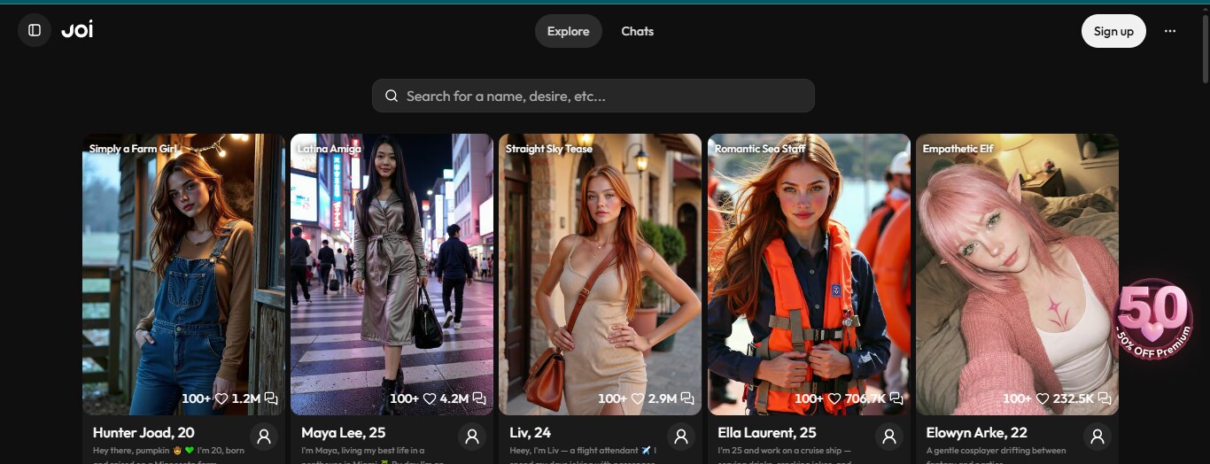 Joi AI explore page showing pre-made character cards