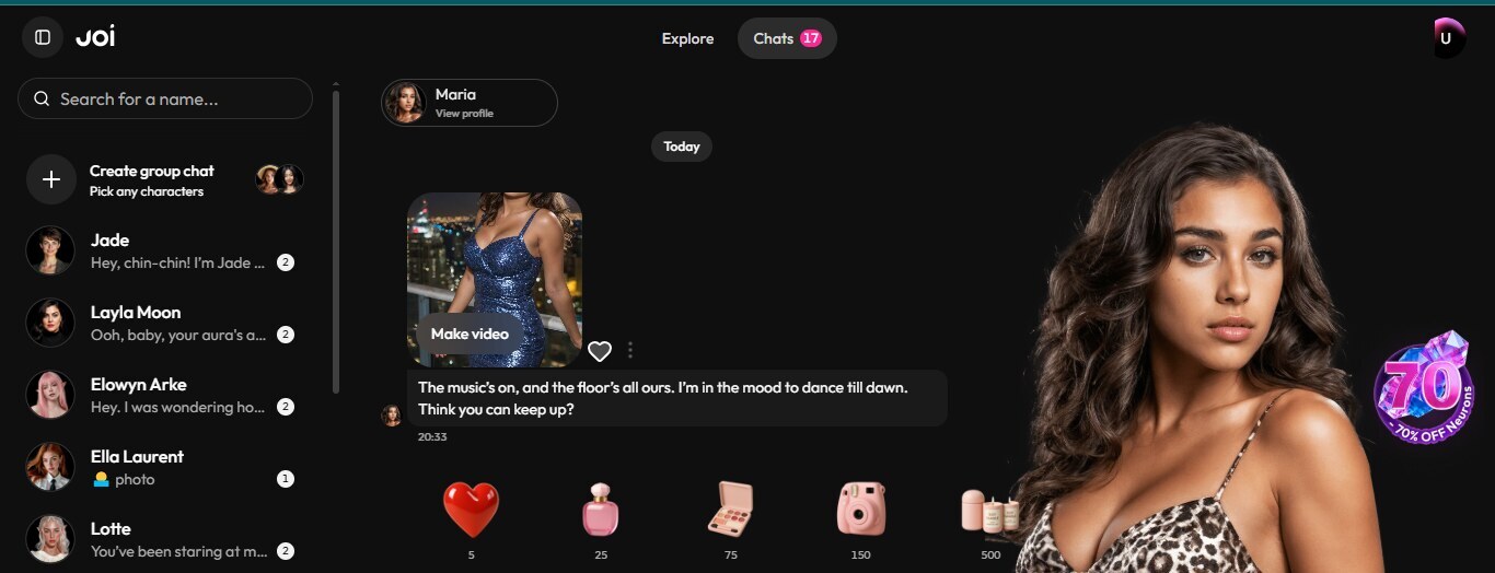 Chatting with Maria on Joi AI, with the gift bar and Make video button visible