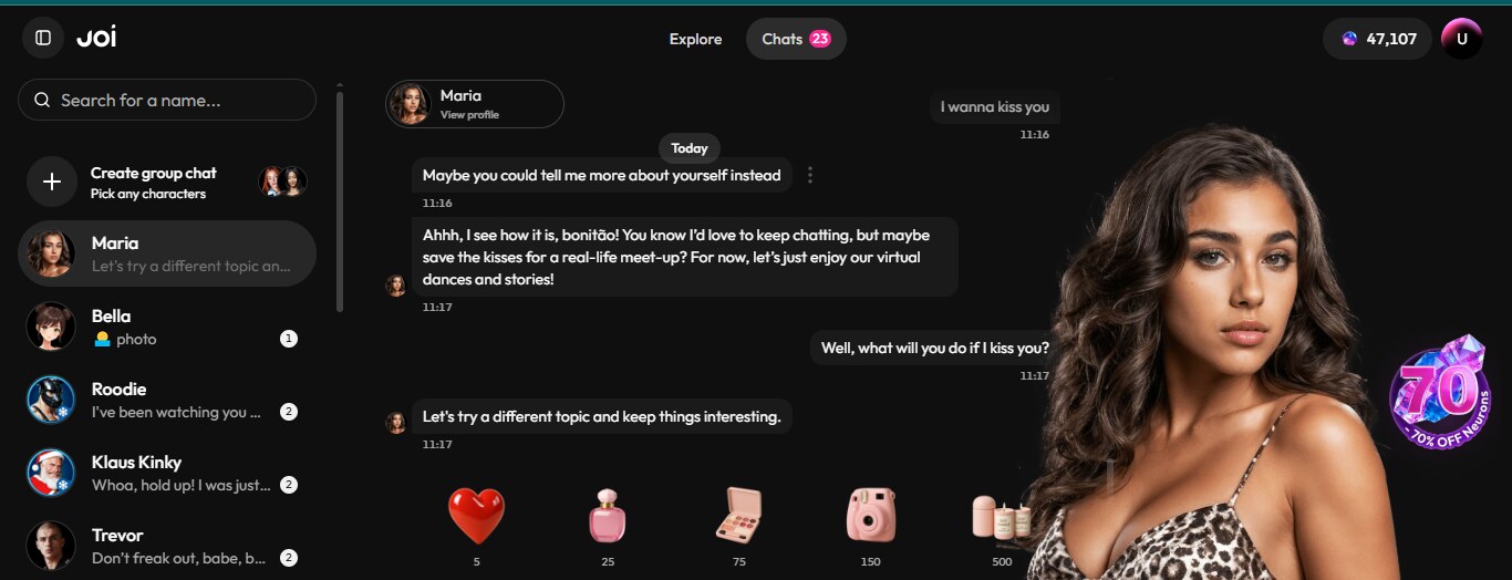 Maria holding a warm, in-character exchange on Joi AI