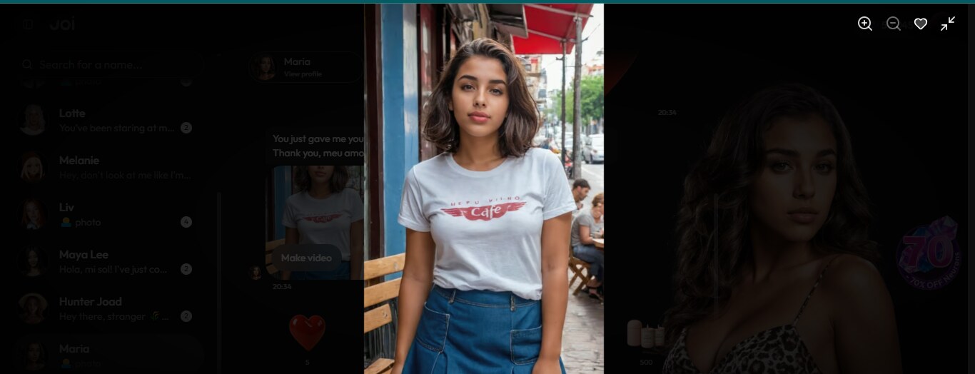 A generated photo of Maria at a street-side cafe on Joi AI