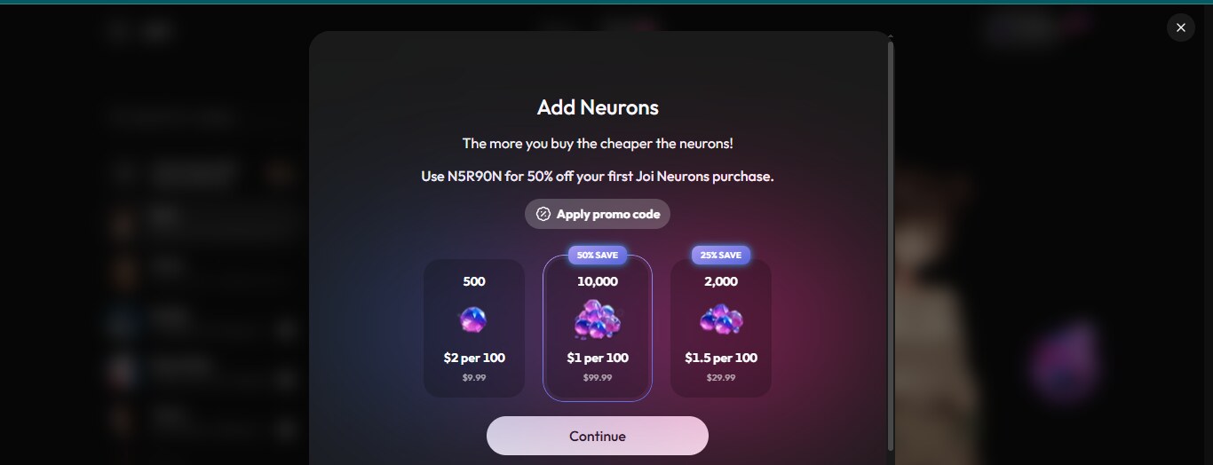 The Add Neurons pricing modal on Joi AI
