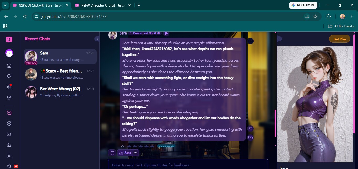 Sara, a custom-built character, mid-conversation