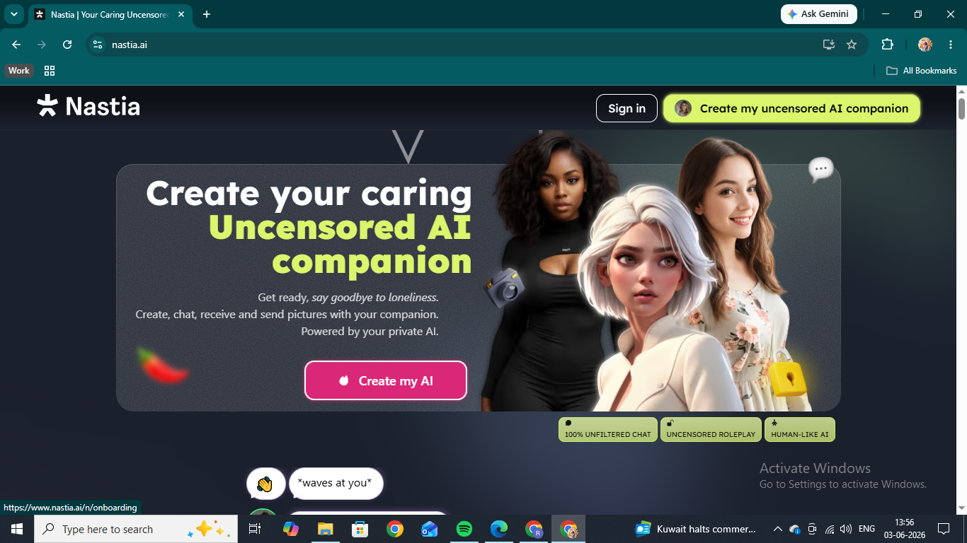 Nastia AI homepage — create your caring uncensored AI companion