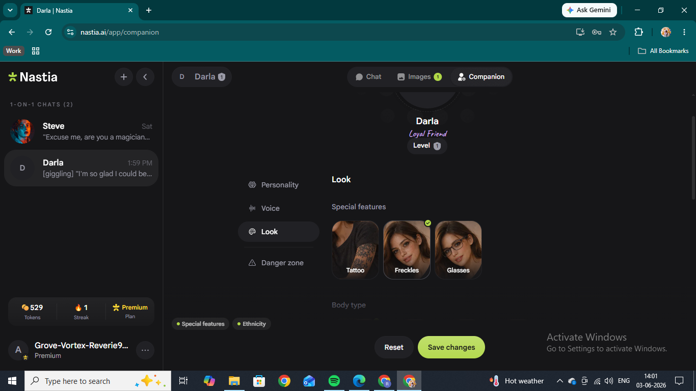 The Companion tab on Nastia AI with Personality, Voice, Look, and special features
