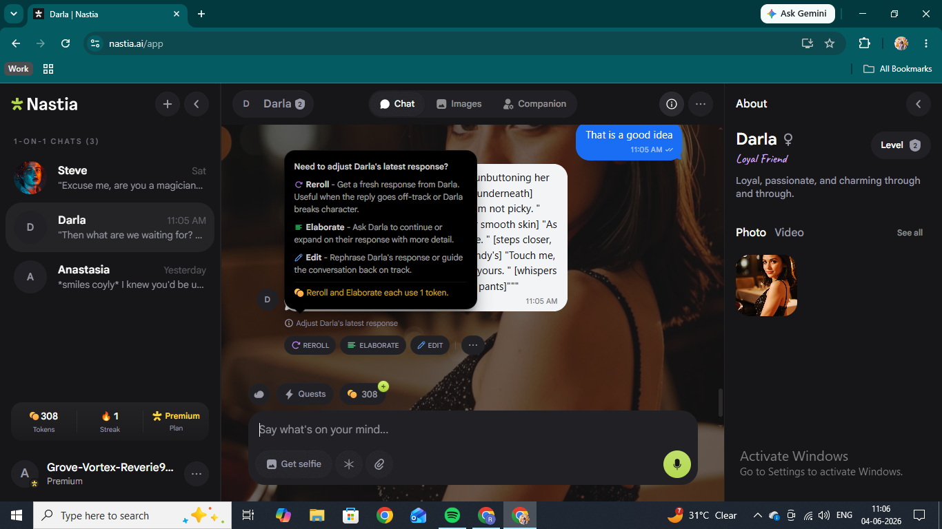 Nastia AI chat response controls — Reroll, Elaborate, and Edit mode