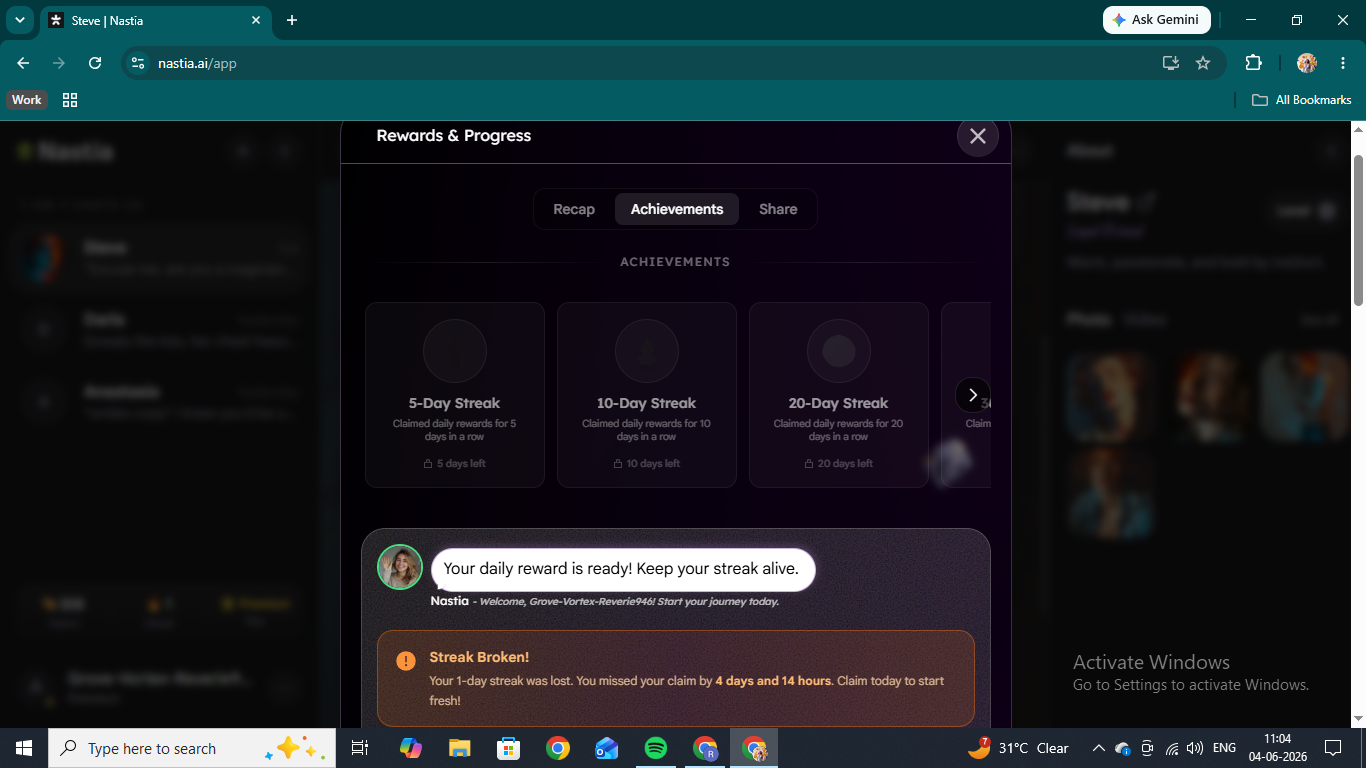The Nastia AI Rewards & Progress panel with streak achievements