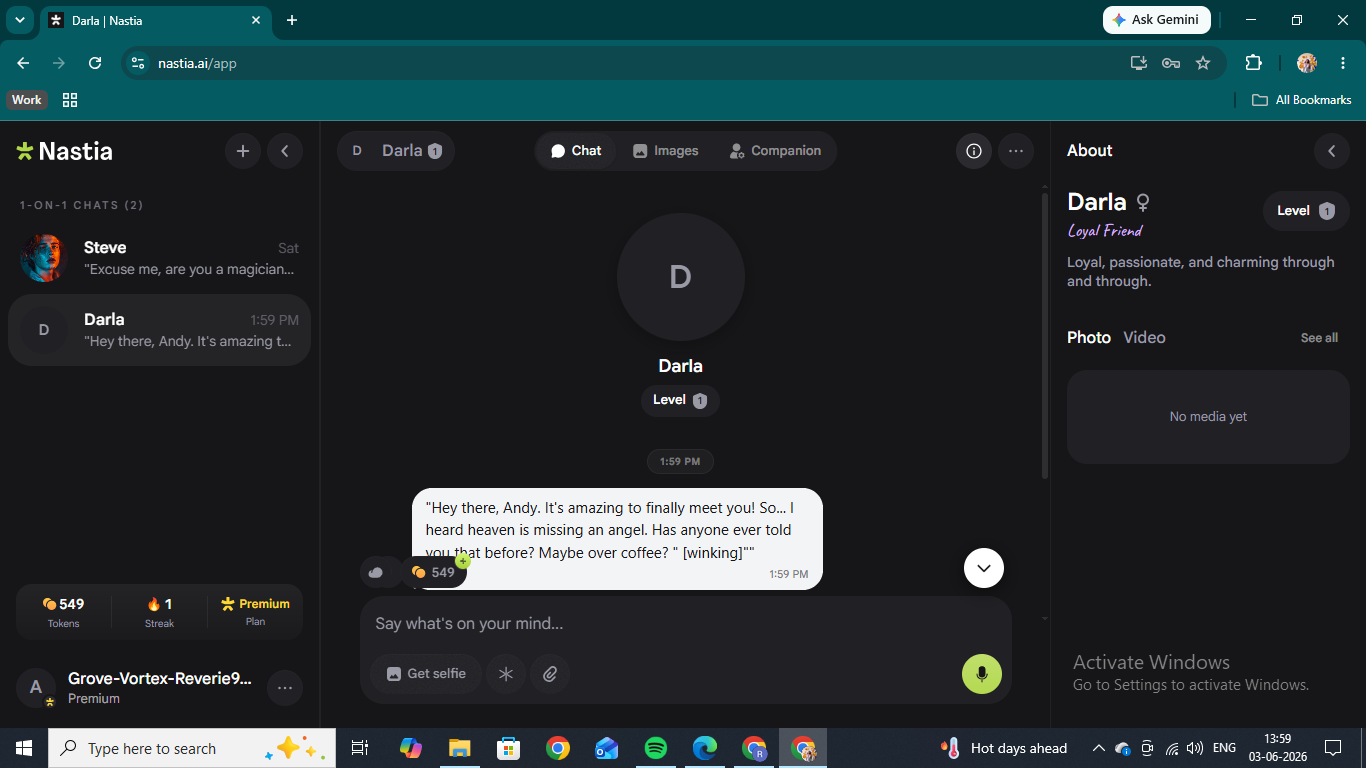 Starting a chat with Darla on Nastia AI