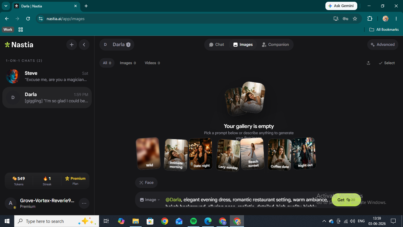 The Nastia AI Images tab with preset scene shortcuts
