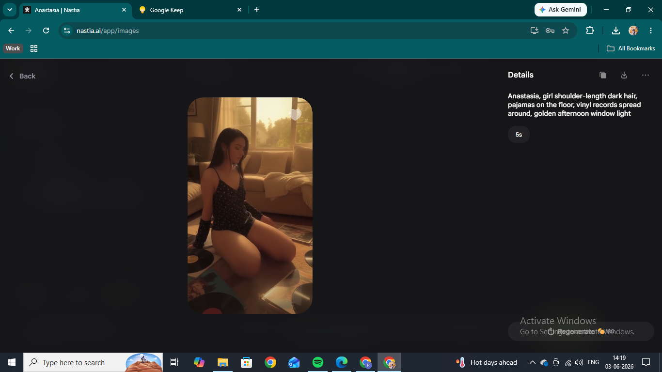 A generated 5-second video clip of Anastasia with the prompt details panel on Nastia AI