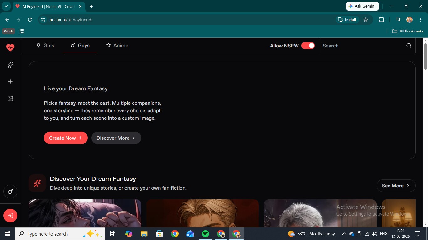 Nectar AI homepage with the Live Your Dream Fantasy panel