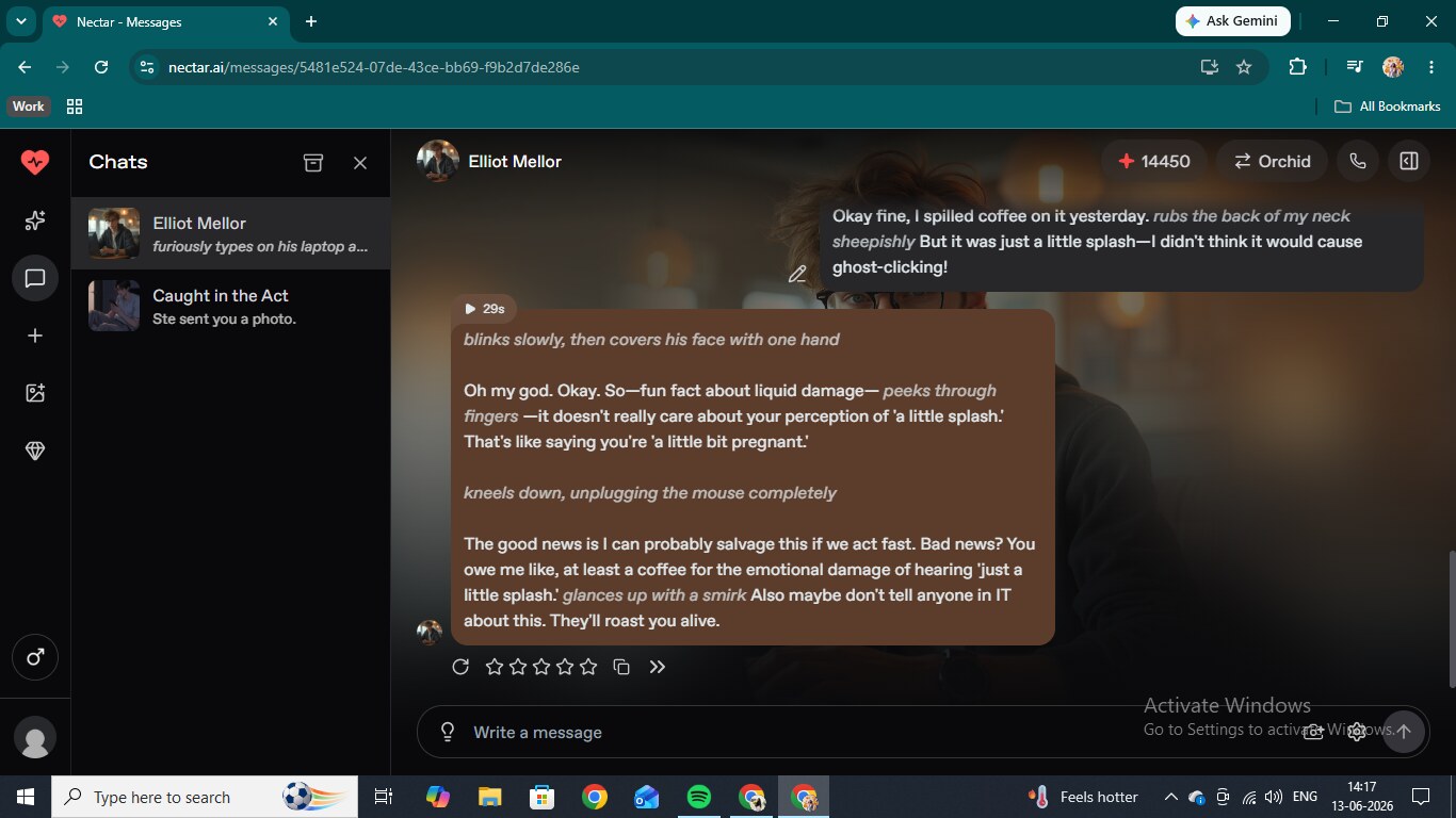 Elliot Mellor chat escalating from IT help to flirting on Nectar AI