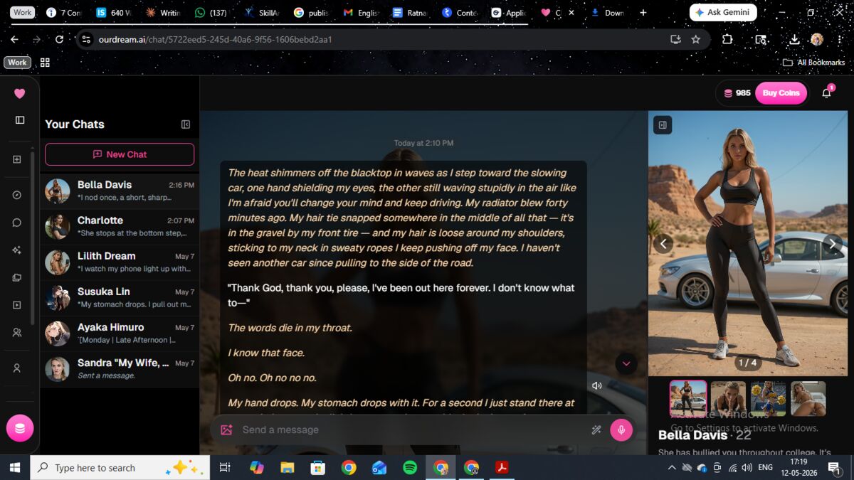 OurDream AI chat with Bella Davis — the desert breakdown opening scene with her character profile previewed on the right.