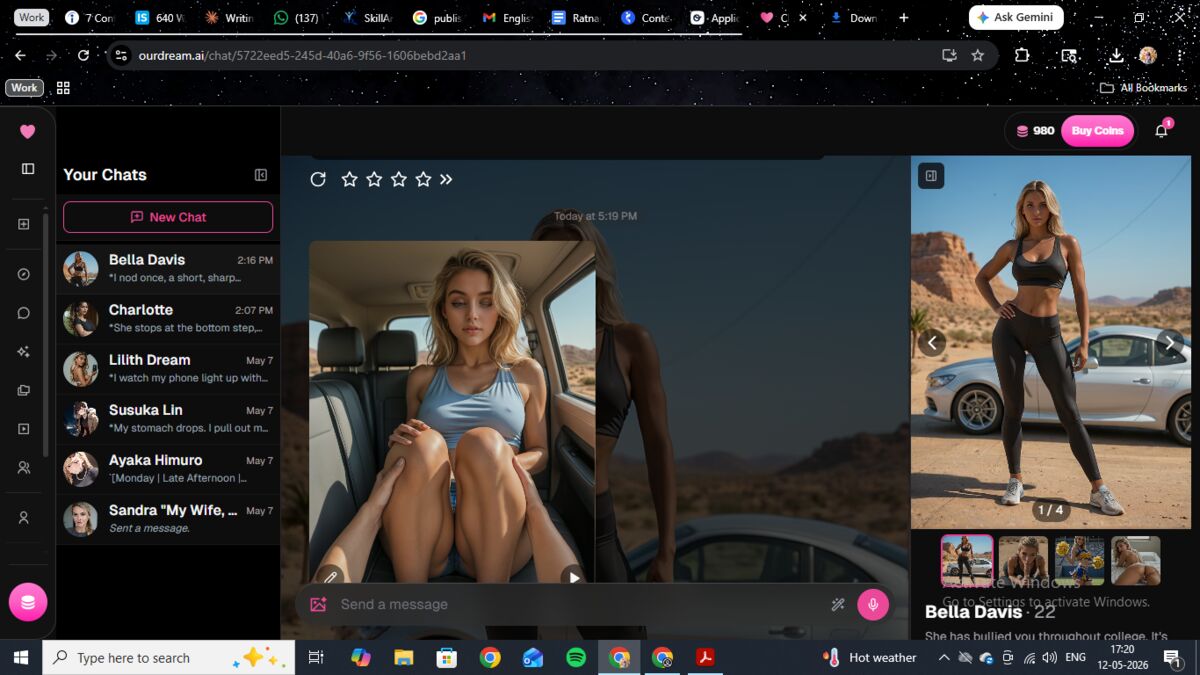 OurDream AI mid-session image generation for Bella Davis — character placed in a car interior, matching the desert scenario we were building.