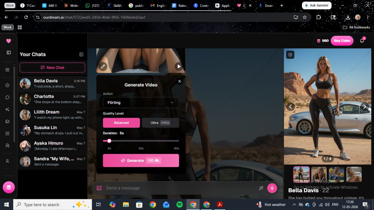 OurDream AI video generation modal — Balanced vs Ultra 1080p quality selector and the 5-to-60-second duration slider.