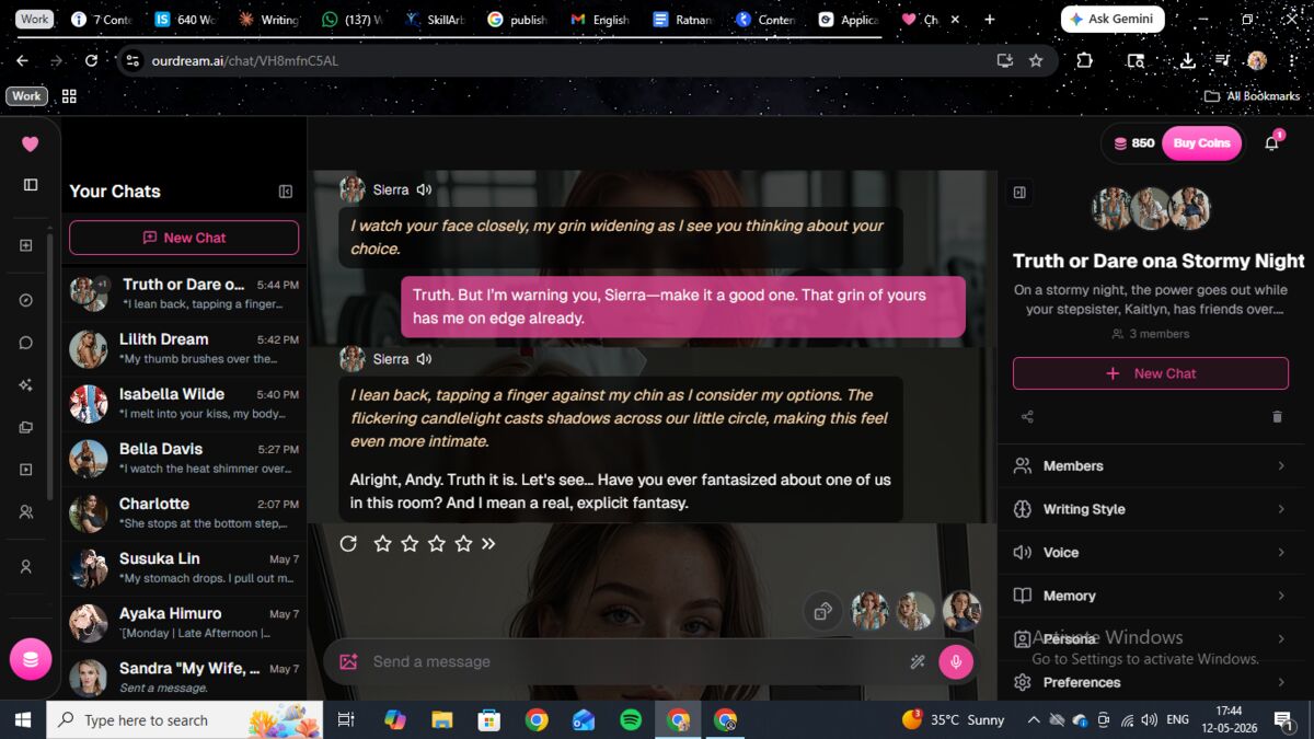 OurDream AI multi-character group chat in progress — three AI characters interacting with us and each other simultaneously.