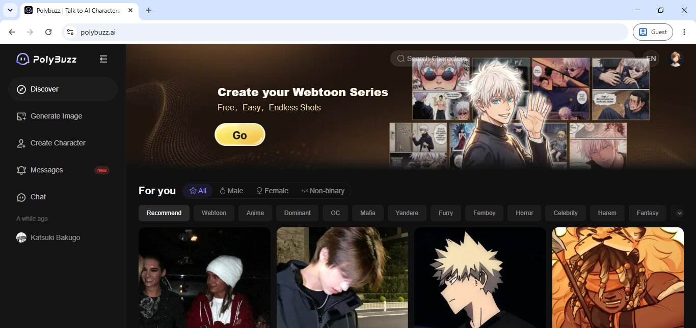 PolyBuzz AI home page with the Create your Webtoon Series banner and character catalog