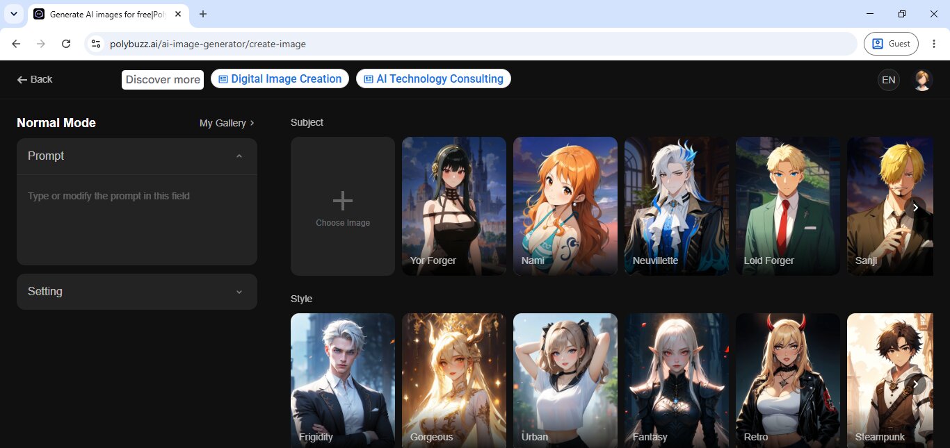 The PolyBuzz AI standalone image generator with subject, style, and tag controls