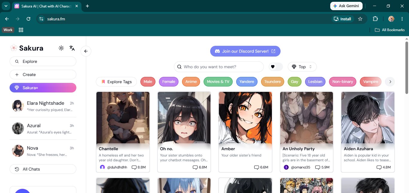 Sakura.fm explore page with the character library and chat sidebar