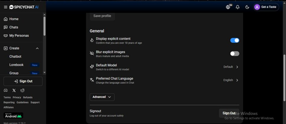 The SpicyChat character grid. Tags surface on the front page with only an in-profile toggle as friction.