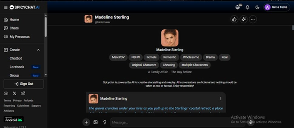 Madeline Sterling's character page. The scenario reads like the cold open of a novel.