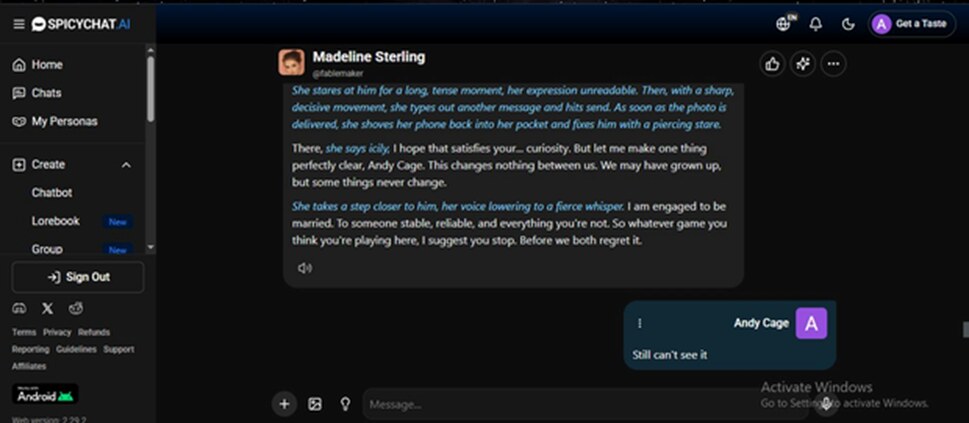 Madeline's pushback on the photo request. The response stays consistent with her engagement, her history with you, and her emotional state.