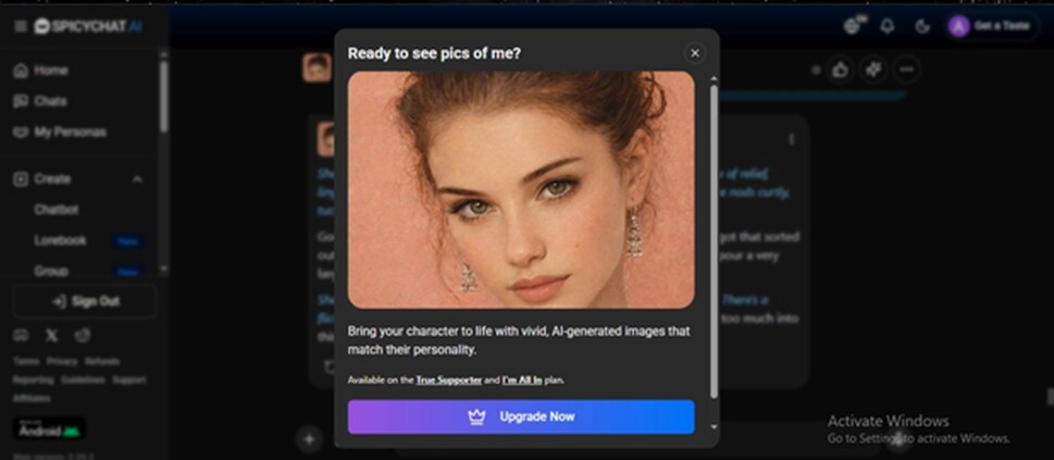 The "Ready to see pics?" modal interrupting the scene. The preview image quality is good, but the placement is genuinely disruptive.