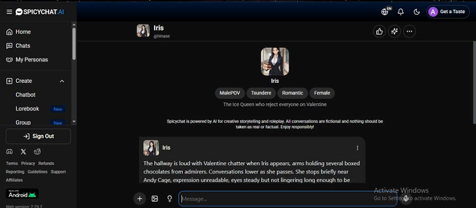 Iris's character profile. A different register from Madeline — confrontational rather than slow burn.