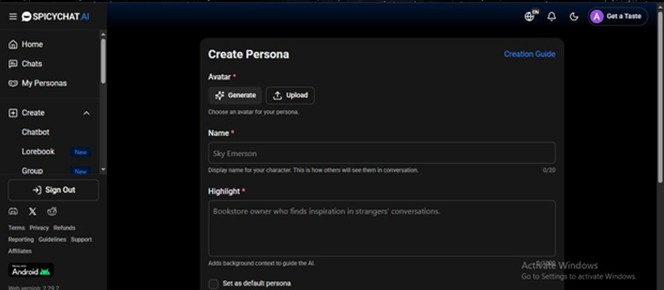 The user persona setup screen. Separate from character creation, so you can shape how you appear independently of who you're talking to.