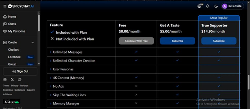 The comparison table for Free, Get a Taste, True Supporter, and I'm All In tiers. Ads and waiting lines are confirmed as free-tier problems. Memory Manager is confirmed as a paid feature.